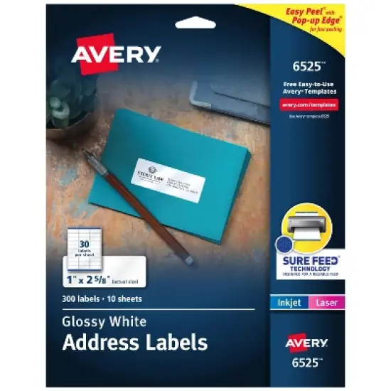 Avery Address Labels, Glossy White, 1" x 2-5/8", 300 Total (6525) image {9}