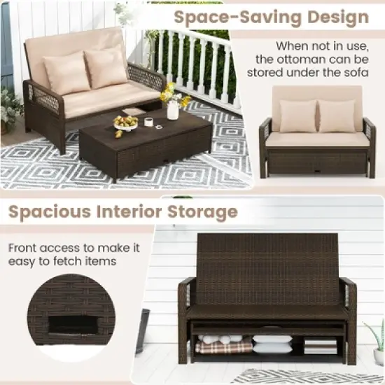 Tangkula Patio Rattan Daybed Wicker Loveseat Sofa w/ Multifunctional Ottoman image {5}