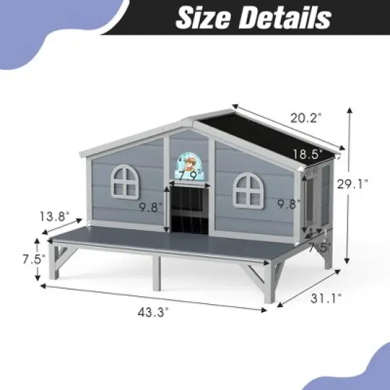 SEVOBAL Pet Crates and Houses All Weather Wooden Cat House Play Pen Cozy Fringe Curtains Lockable Doors for Outdoor Patio, Gray, 43.31"*31.1"*29.13" image {2}