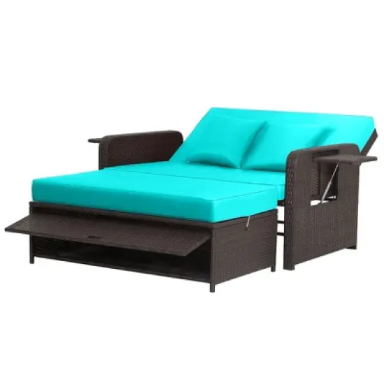 Tangkula Rattan Loveseat Set Daybed Lounge Storage Ottoman Side Tables Adjust Patio image {5}