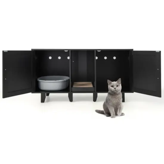 Tangkula Cat Litter Box Enclosure TV Stand Cabinet Hidden Cat House Washroom W/ 2 Doors image {9}