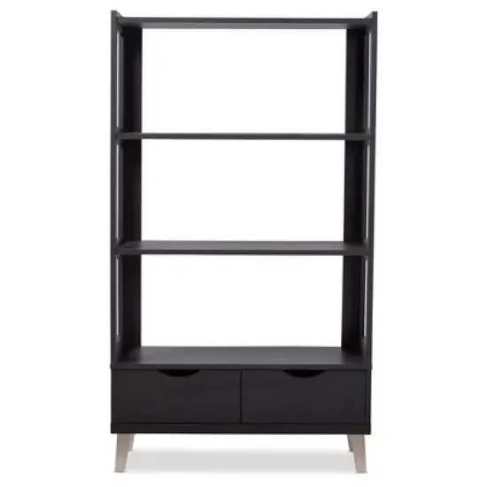62.4" 2 Drawers Kalien Modern and Contemporary Bookshelf with Display Shelves Espresso Brown - Baxton Studio image {1}
