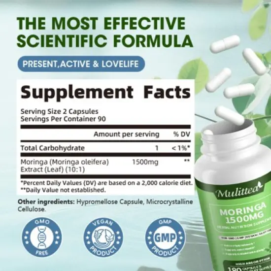 Mulittea Moringa Oleifera 1500 mg | 180 Powder Capsules for Men and Women | 90 Servings image {1}