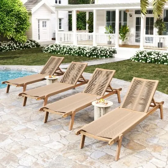 Christopher Knight Home Addison Rustic Outdoor Acacia Wood Chaise Lounge with Rope Seating (Set of 4), Teak/Beige image {1}