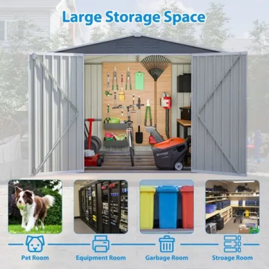 8 x 6 FT Outdoor Waterproof Garden Tool Storage Sheds with Metal Foundation with Floor Frame,with Lockable Doors & Air Vents, for Backyard, Lawn, Gray image {6}