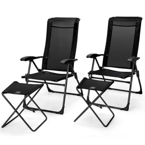 Costway 4PCS Patio Folding Dining Chair Ottoman Set Adjustable Back Camp Gray\Black image {9}