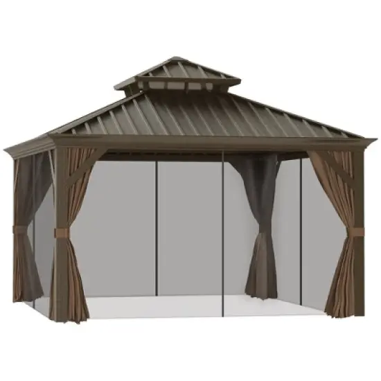 Outsunny Patio Gazebo 12' x 12', Netting & Curtains, 2 Tier Double Vented Steel Roof, Hardtop, Ceiling Hooks, Rust Proof Aluminum, Brown image {5}