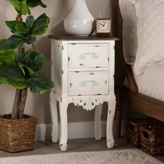 Levron Two-Tone and Antique Wood 2 Drawer Nightstand Walnut Brown/Antique White - Baxton Studio image {10}