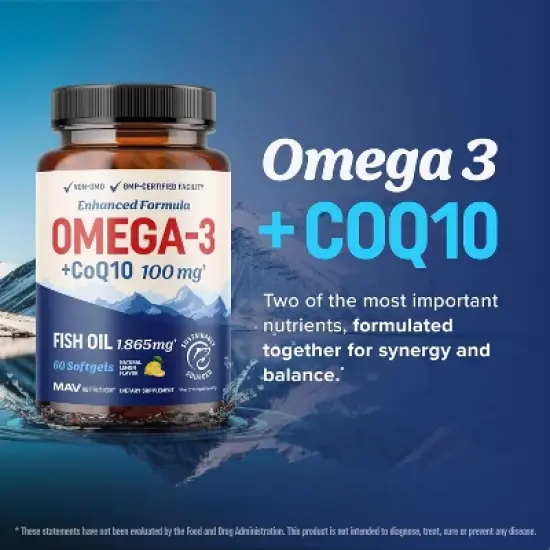 Omega 3 Fish Oil + CoQ10 Softgels, Omega-3 with CoQ10 Supplement for Heart Health, Cellular Energy, & Antioxidant Support, Lemon, MAV Nutrition, 60ct image {6}