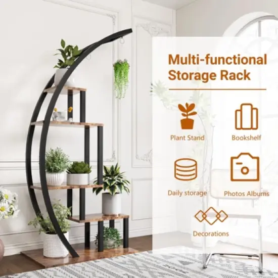5 Tier Tall Metal Indoor Plant Stand, Half Moon Shape Garden Plant Holder, Round Flower Shelf Rack with 4 Hanging Hooks for Home image {5}