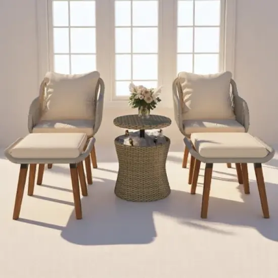 5-Piece Outdoor Patio Furniture Set with PP Rope Weaving Chairs, Pop-Up Cool Bar Table, and Acacia Wood Feet image {16}