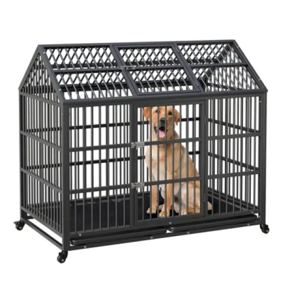 42"/48"/52" Heavy Duty Dog Crate, Extra Large Metal Dog Kennel with Roof Top, 2 Door Pet Cage House with Removable Tray and Wheels image {11}