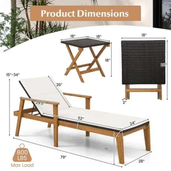 Tangkula 4 Piece Outdoor Chaise Lounge Chair Set Rattan with Armrests & 4-Level Backrest Folding Coffee Table & Cushioned Acacia Wood Lounge Chair Set image {8}