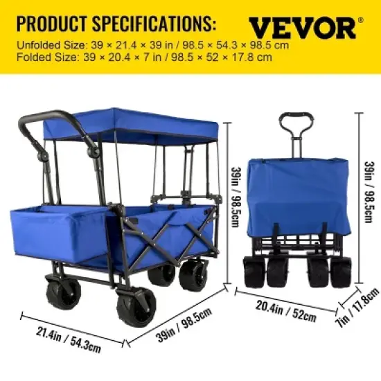 YONWAY Large Collapsible Garden Cart with Removable Canopy, 300LB Capacity Folding Wagon with 360&deg; Wheels & Storage,for Camping Shopping Beach,Blue image {2}
