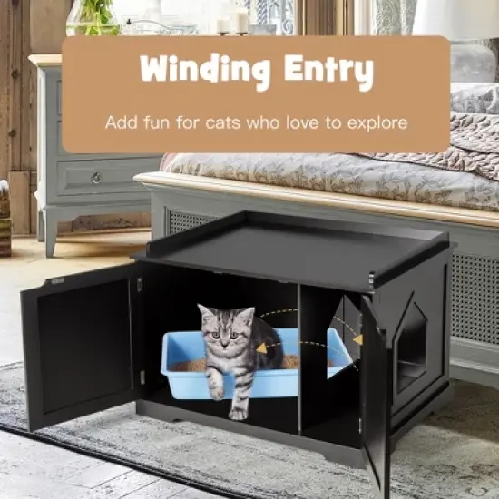 Costway Cat Litter Box Cabinet Furniture Cat Washroom Storage Bench Black image {6}