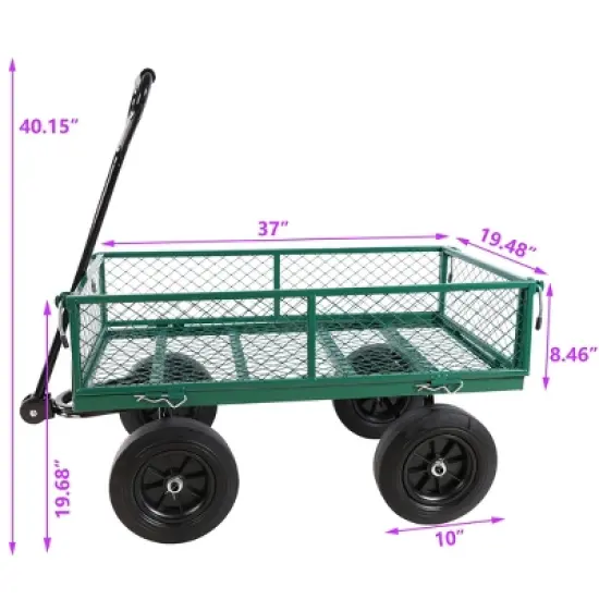 FURNIinspire Wheelbarrows And Lawn Carts Solid Wheels Tools Cart Wagon Cart, Metal Lawn Cart For Picnic, Shopping, Green, 37&ldquo;*19"*45" image {2}