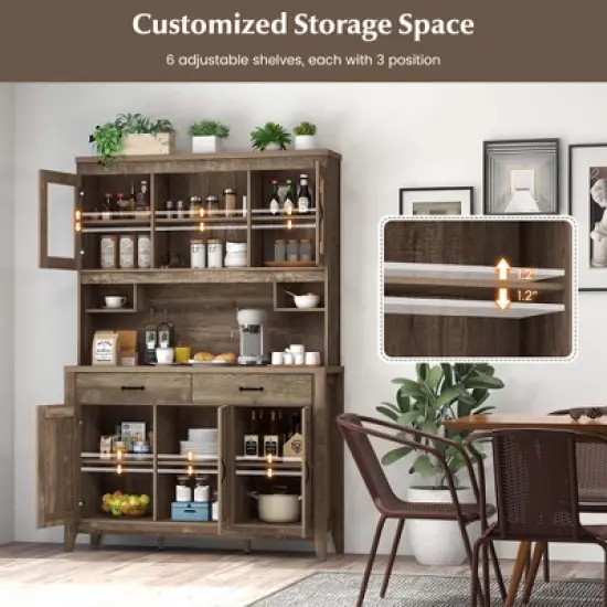 Costway Kitchen Pantry Cabinet with Microwave Countertop Double Glass Doors 2 Drawers image {5}
