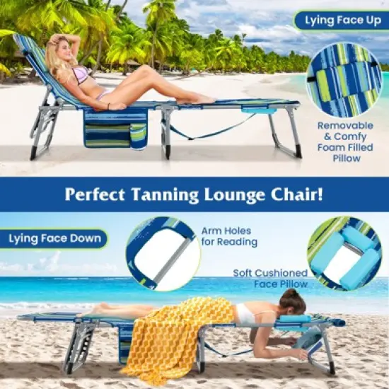 Tangkula Folding Chaise Lounge Chair Sunbathing Recliner w/ Face Hole & Removable Pillow Navy Blue image {4}