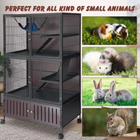 60" 5-Tier Ferret Cage, Multi-Level Chinchilla Cage with Lockable Doors, Ramps, Hammock, Wheels, Storage Cabinet, Small Animal Habitat image {2}