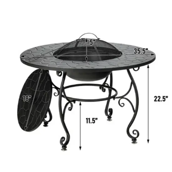 WELLFOR 35.5" Wood Burning Dining Table Outdoor Fire Table With Cover & Cook Grate W-70941 Black image {8}