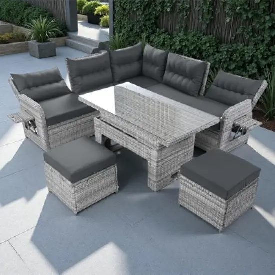 Outdoor Patio Rattan Sectional Sofa Set with Adjustable Height Table and 2 Reclining Seat, Extendable Side Tables image {17}