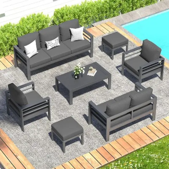 COWLOWN 7 Piece Black Aluminum Modern Outdoor Patio Furniture Set with Coffee Table and Dark Grey Cushions, Ideal for Balcony, Porch, Lawn and Yard image {10}