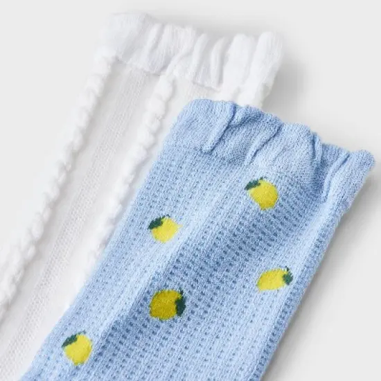 Women's Lemons 2pk Crew Socks with Ruffle Cuff - Auden&trade; Blue/White 4-10: Viscose Blend, Knit, Midweight, Lemon Pattern image {2}