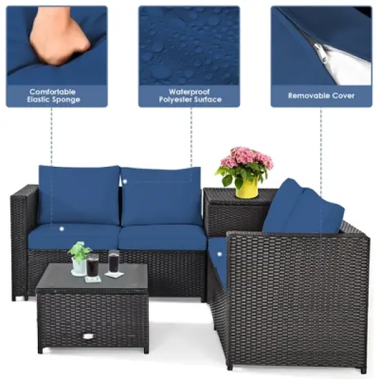 Costway 4PCS Patio Rattan Furniture Set Cushioned Loveseat Storage Table Navy image {7}