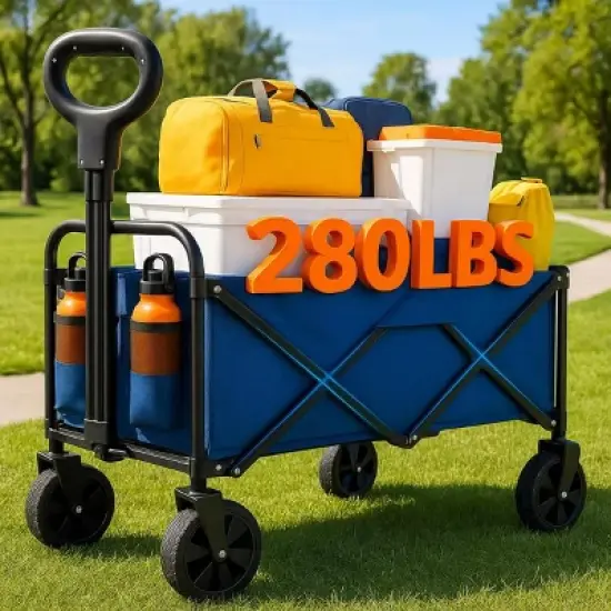 Foldable Collapsible Wagon Cart, 200 lbs Load All Terrain Utility Pull Camp Beach Wagon with Cup Holders & Adjustable Handle image {9}