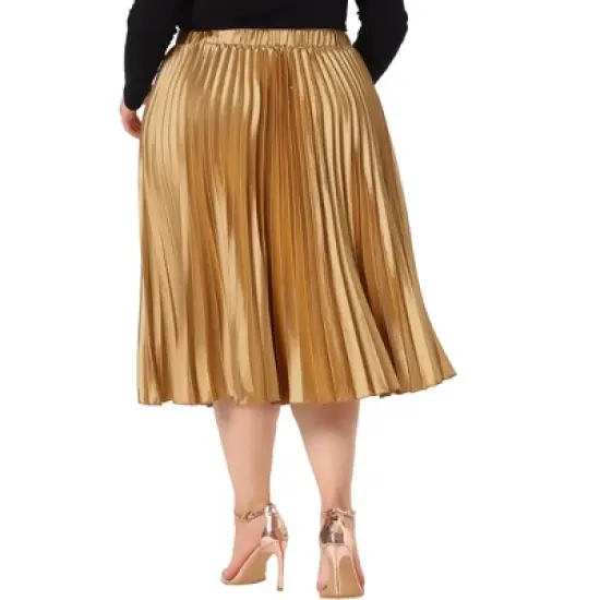 Agnes Orinda Women's Plus Size Pleated Stretched High Waist Premium Metallic Shiny Midi Skirts image {3}