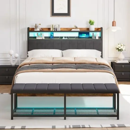 VECELO Full/Queen Upholstered Bed Frame with Storage End of Bed Bench, Platform Bed with Headboard & Charging Station, LED Lights, Gray image {15}