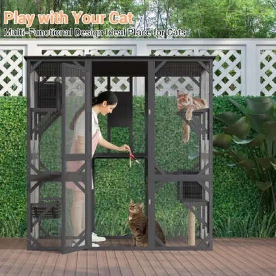 70" Large Wooden Cat Cage with Roof, Multi-Level Cat House with 4 Platforms, Hammock & Scratching Post image {5}