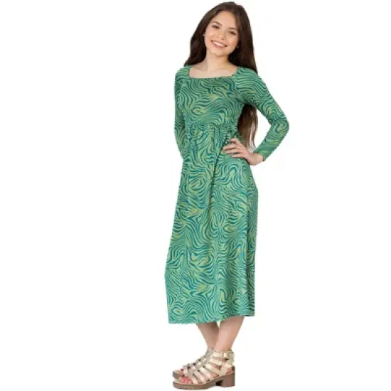 Girls Green Print Long Sleeve Maxi Dress image {1}