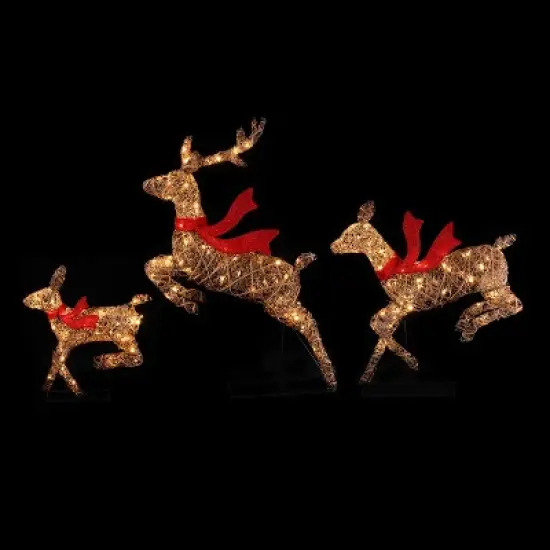 LuxenHome 3-Piece Natural and Plastic Rattan Running Reindeer Holiday Decoration Set with Lights Brown image {7}