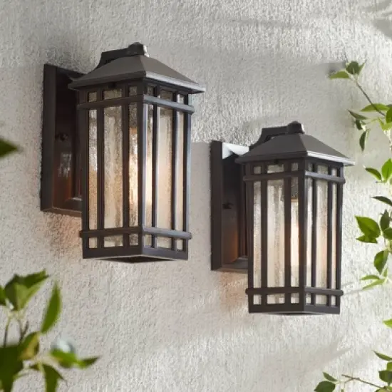 Kathy Ireland Sierra Craftsman Mission Outdoor Wall Light Fixtures Set of 2 Rubbed Bronze 10 1/2" Seedy Glass Panels for Post Exterior Light Barn Deck image {1}