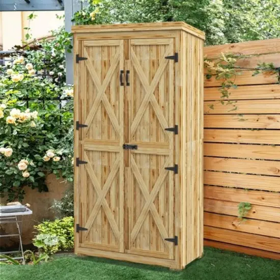 WELLFOR 74 gal Waterproof Wooden Deck Box Natural Wood image {8}