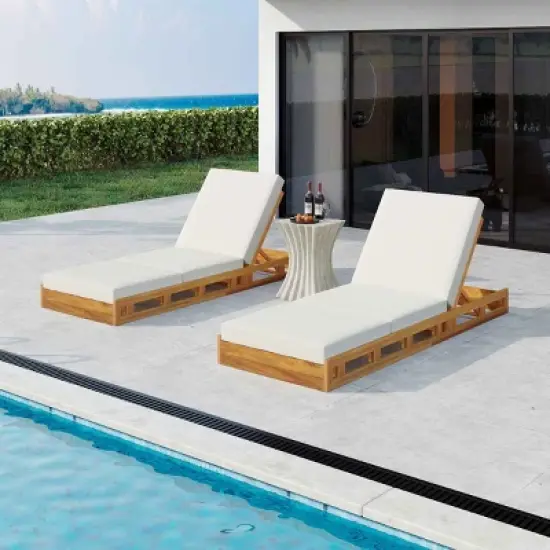 Outdoor Chaise Lounge Set, Chaise Lounge with Adjustable Backrest and Triple-Fold Cushion, Acacia Wood Frame Chaise Lounge-Coolbibila image {2}