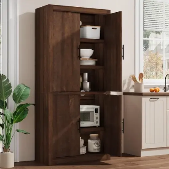 Coolmee Tall Kitchen Pantry, Storage Cabinet with 2 Doors & Adjustable Shelves, Pantry Cupboard & Large Storage Space for Dining & Living Room image {9}