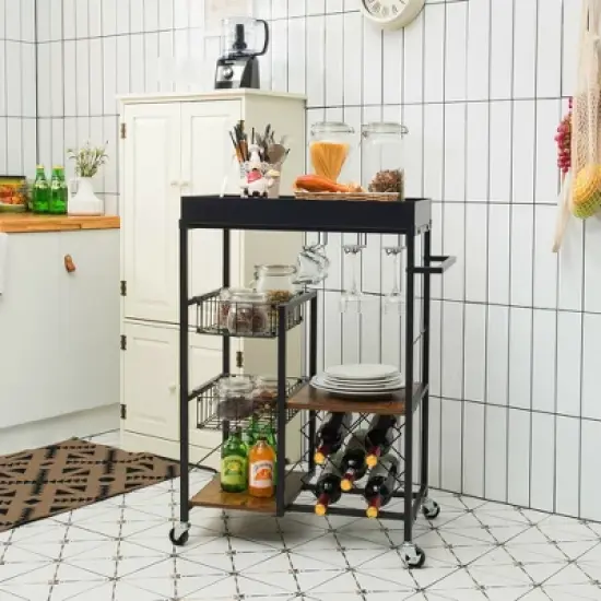 Costway 4-Tier Kitchen Carts  Rolling Serving Trolley Wine Rack Removable Tray Basket image {2}