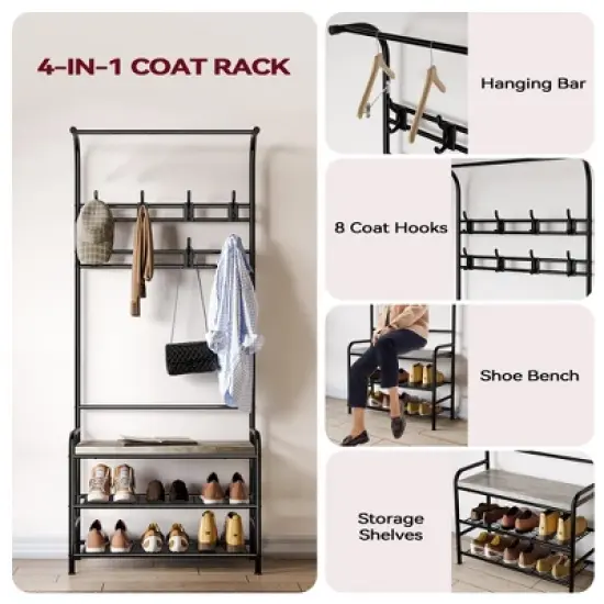Narrow Hall Tree Storage Bench, 4-in-1 Coat Rack with 3-Tier Shelf and 8 Hooks, Rustic Grey image {3}
