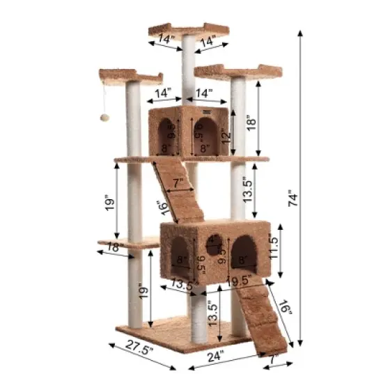 Armarkat 74" Multi-Level Real Wood Cat Tree Large Cat Play Furniture With ScratchhIng Posts, Large Platform, Beige/Brown image {7}