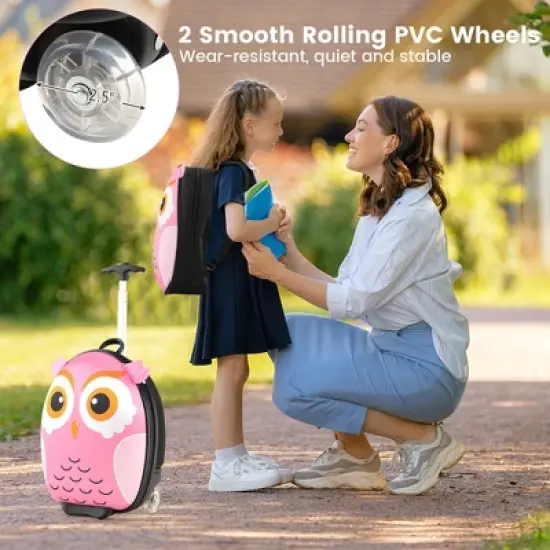 Costway 2PCS Kids Carry On Luggage Set 16'' Owl Rolling Suitcase with 12'' Backpack Travel Pink/White/Yellow image {2}