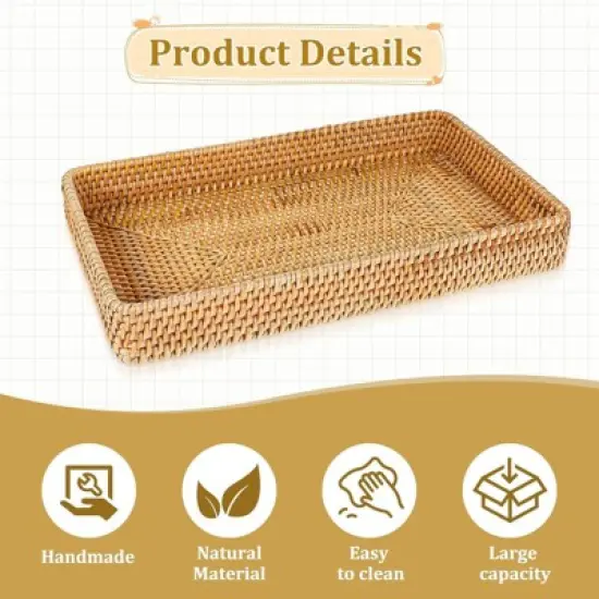 BRINJOY Rectangular Woven Storage Basket - 14.6x9 inch Handwoven Rattan Tray for Kitchen, Dining Table Decor & Organization image {2}
