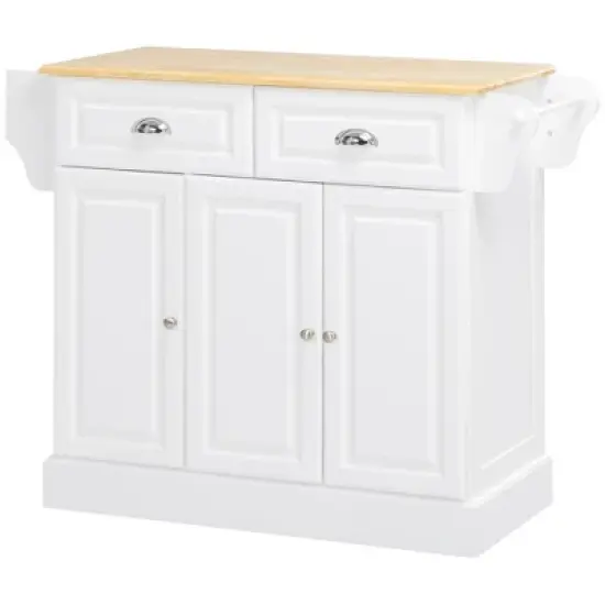 HOMCOM Kitchen Island with Storage Rolling Kitchen Serving Cart with Rubber Wood Top Towel Rack Storage Drawer and Cabinet White image {3}