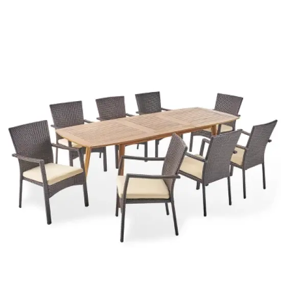 Christopher Knight Home Outdoor Acacia Wood and Wicker 9 Piece Expandable Dining Set with Cushion image {1}