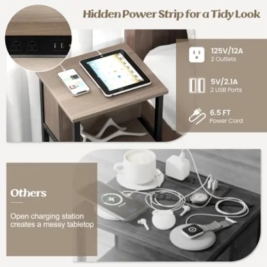 Costway 1/2 PCS Nightstand 3-Tier End Table with Charging Station USB Ports & Power Outlets Grey & Black image {7}
