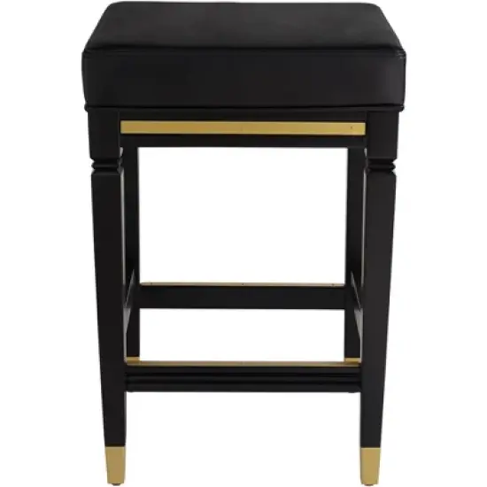 55 Downing Street Wood Bar Stool Black Gold 26" High Mid Century Modern Faux Leather Square Cushion with Footrest for Kitchen Counter Height Island image {6}