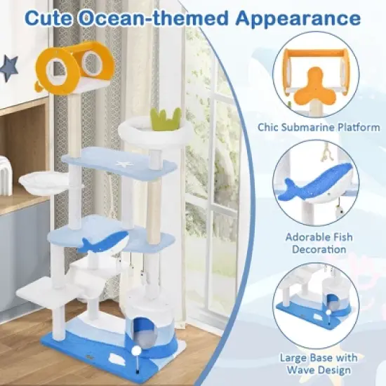 Petsite Ocean-themed Cat Tree Tower with Sisal Covered Scratching Posts Condo Perch Hammock image {9}