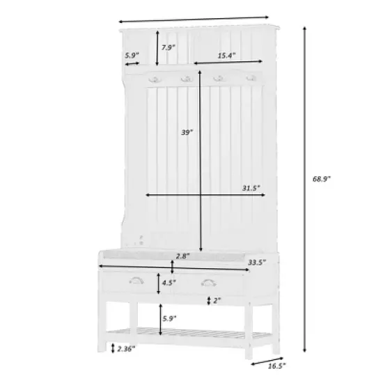 68.9" Multifunctional Hall Tree - Entryway Organizer with Coat Rack, Shoe Storage & 2 Drawers, White image {1}