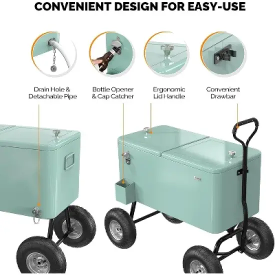 VINGLI 80 Quart Wagon Rolling Cooler Ice Chest, w/Long Handle and 10" Wheels image {4}